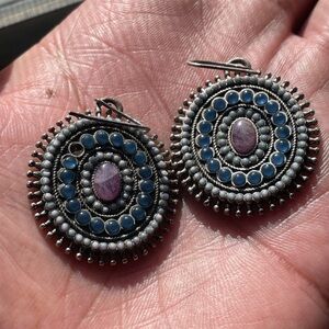 Vintage Silvertone Teal Blue Purple Dangling Pierced Earrings